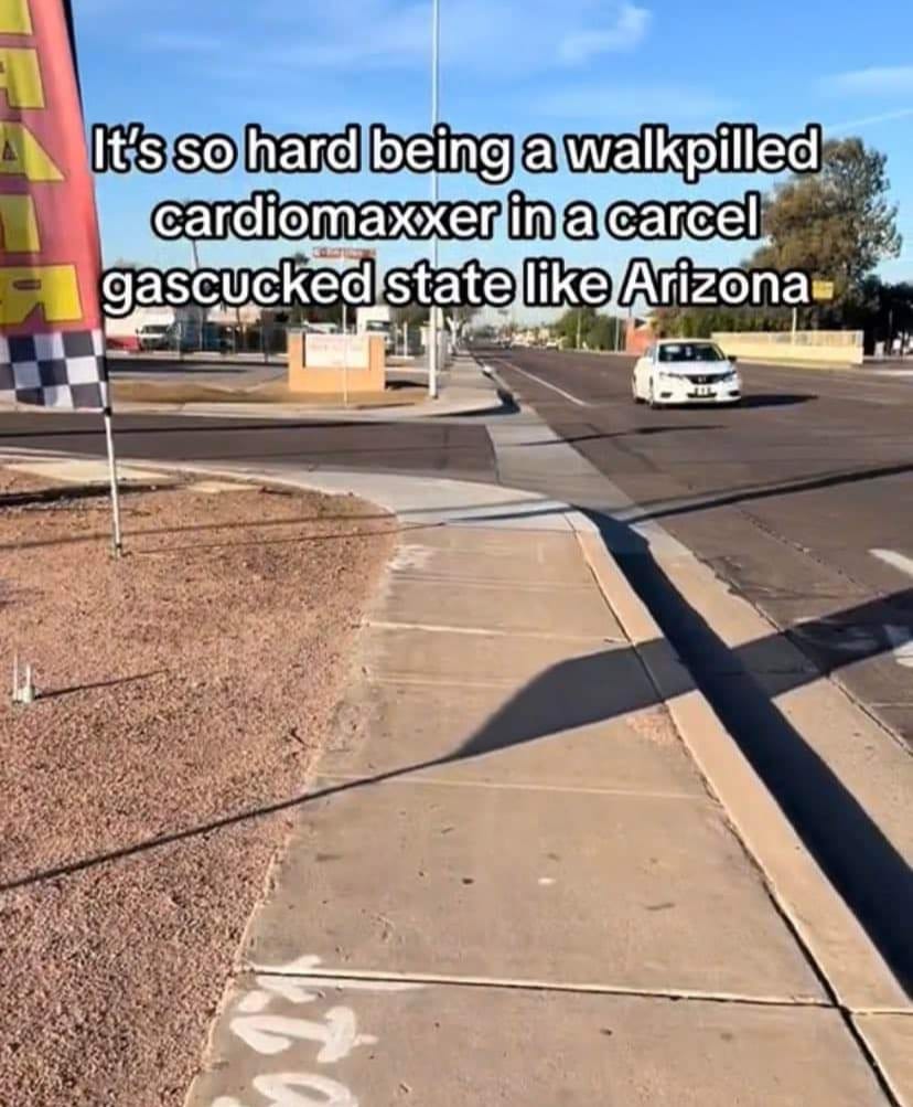 The meme features an image of a deserted street with a single car driving down the road. The text reads, "It's so hard being a walkpilled cardiomaxxer in a carcel gascucked state like Arizona." This phrase is a mix of words that are intentionally misspelled or used in a way that is not typically correct, making it a humorous and satirical commentary on the state of Arizona.